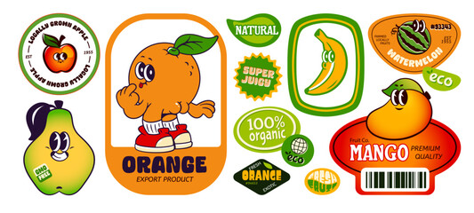 Naklejka na ściany i meble Retro fruit sticker set with cartoon orange and banana, mango and pear characters for organic food branding. Vintage labels with eco badges and smiling mascots. Colorful export product designs.