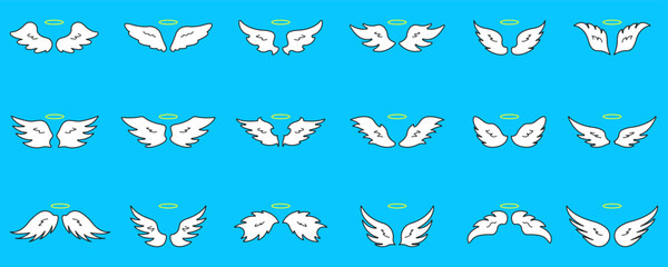 Cartoon Angel Wings With Halo Icon Set. Whimsical Wing Icons. Heaven, Purity, Spirituality and Protection Concept. Silhouette Symbol Collection. Isolated Vector Illustration