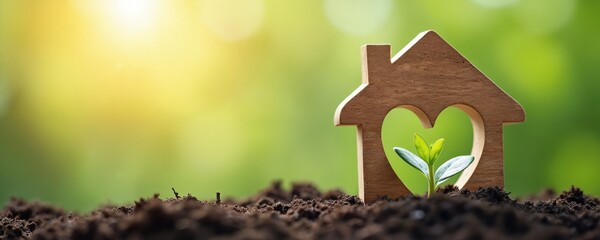 Wooden house model with heart shape cutout frames a tiny green plant growing from soil. Soft sunlight filters through blurry green background, suggesting growth and eco-friendly living.