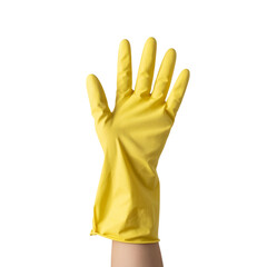 Obraz premium A hand wearing a yellow rubber glove, raised in a gesture of cleaning or protection against a white background