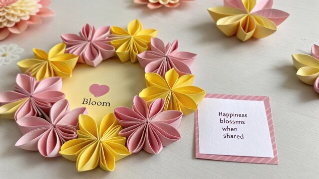 Vibrant Floral Paper Art Arrangement with Text and Decorative Elements for Celebrations and Home Decor