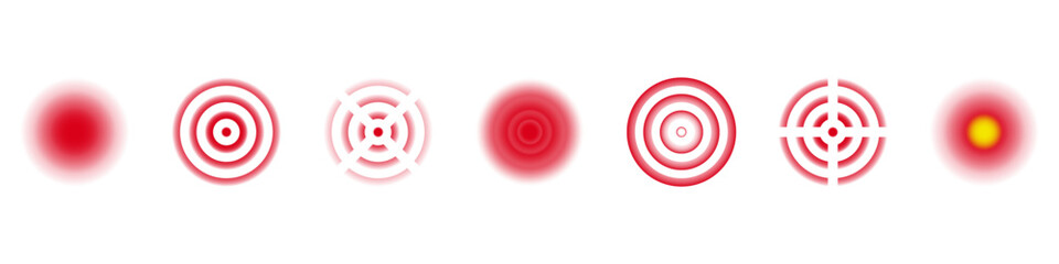 Pain Glow Spots and Target Radar Circles Icon Set. Body Injury Focus Areas, Medical Ache Localization and Pressure Indicators Symbol Collection. Isolated Vector Illustration © Toxa2x2