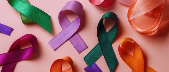 The Ribbons of Awareness in Vibrant Colors on Soft Pink Background