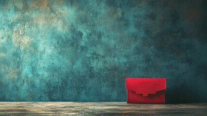 Bright red handbag on textured blue-green wall background - Powered by Adobe