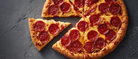 The Pizza Pepperoni Pie With One Slice Removed On Dark Textured Surface