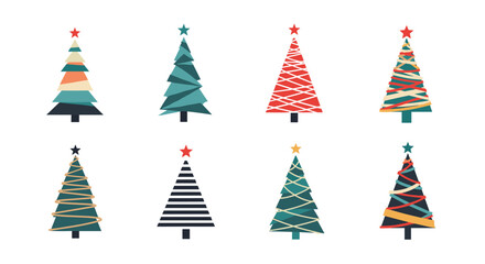 Collection of eight modern geometric stylized christmas trees in various designs and color palettes.
