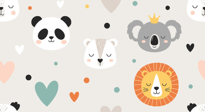 A delightful pattern featuring adorable animal faces and hearts.