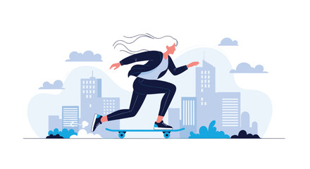A businesswoman speeding through the city on a skateboard.