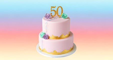 Elegant pink 50th birthday cake with gold topper and roses