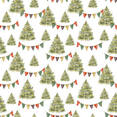 Watercolor christmas trees and garland pattern on white background.
