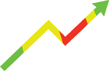  A volatile stock market arrow graph showing a fluctuating trend of growth, decline, and recovery, symbolizing financial risk and investment.