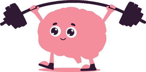 Adobe Illustrator ArtworkA cute and strong cartoon brain character lifting a heavy barbell, symbolizing mental health, brain training, and intellectual power.