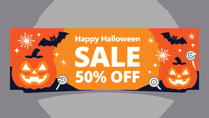 A festive Happy Halloween sale banner with a 50% off discount, featuring glowing jack-o'-lanterns, bats, and candy on an orange background.