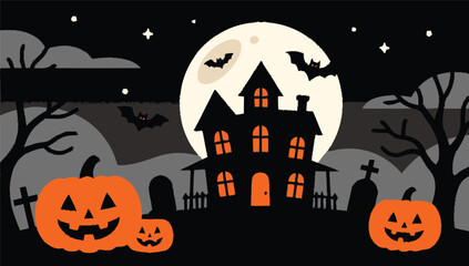 A spooky Halloween night background with a haunted house, jack-o'-lanterns, and bats silhouetted against a full moon.