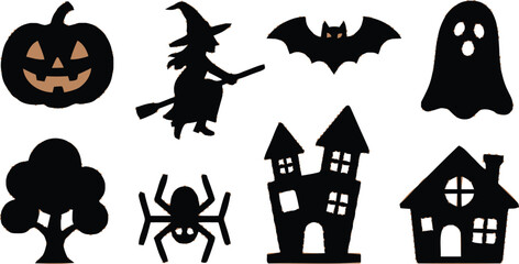 A set of black Halloween icon silhouettes, including a pumpkin, witch, bat, ghost, and haunted house, isolated on a white background.