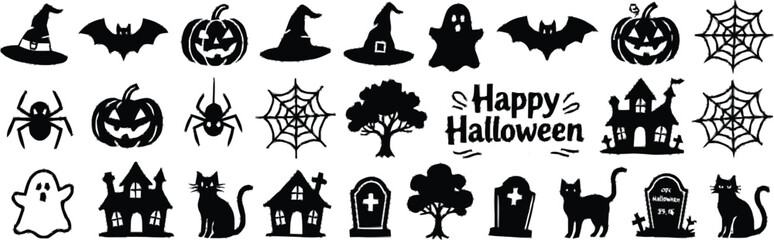 A large collection of black Halloween icon silhouettes and graphic elements for design, isolated on a white background.