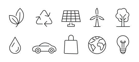 Eco and Environment Line Icons Set | Sustainable Energy Outline Vector | Recycling, Solar, and Nature Stroke Symbols