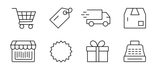 E-commerce Line Icons Set | Online Shopping Outline Vector Symbols | Delivery, Gift, and Store Stroke Icons