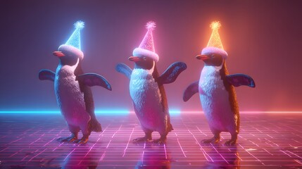 Dancing Christmas Penguins on Festive Disco Floor

