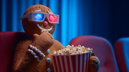 Gingerbread Man Watching Movie with 3D Glasses
