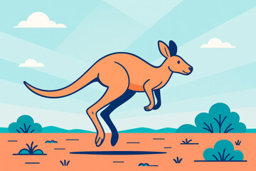 Cartoon-style kangaroo jumping in desert landscape with bushes and light blue sky background, sunbeam pattern adds playful concept touch. Ai generative
