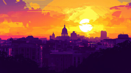 Vibrant cityscape at sunset with stylized brushstrokes. A glowing sun sets behind a prominent dome building.