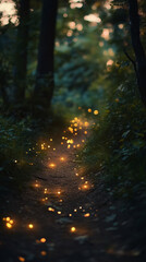 Magical forest path sparkles with golden light. Enchanting journey through nature at dusk.