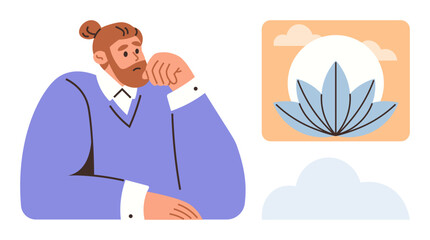 Man with hand on chin deep in thought next to serene lotus and sun symbol. Ideal for mindfulness, meditation, reflection, calmness, focus, wellness, simple flat metaphor