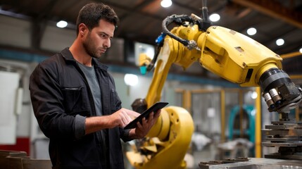 A man is working on a robot in a factory