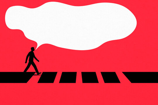Man walking across striped road illustration with speech bubble