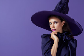 A girl or woman dressed as a witch for Halloween against a purple background. 