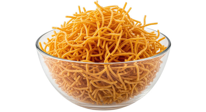 Bowl full of crispy sev noodles isolated on transparent background