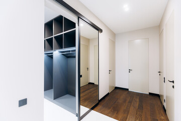 This is a modern hallway featuring a stylish closet and a sophisticated, contemporary design