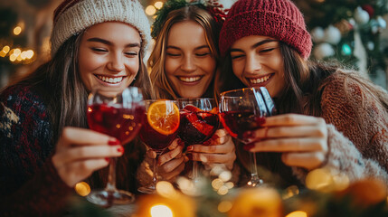 Friends gathered in festive kitchen making mulled wine together, joyful winter gathering with Christmas decorations, cozy holiday atmosphere, cheerful celebration, copy space