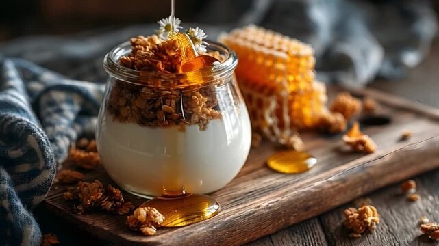 Honey and Yogurt Parfait with Granola and Fresh Flowers on Table