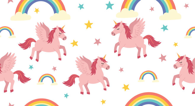 Whimsical pink winged unicorns and rainbows in a magical sky pattern.