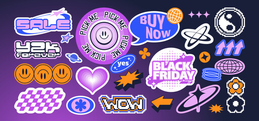 Retro y2k label collection with Black Friday, sale badges and cosmic elements for promotional designs or sticker packs. Digital nostalgic elements and icons with smiling faces, planets and hearts.