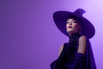 A girl or woman dressed as a witch for Halloween against a purple background. 