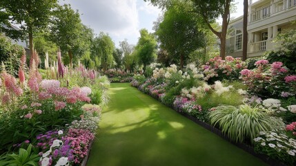 Obraz premium Lush garden path with vibrant flowers, trees, and manicured lawn in a serene setting