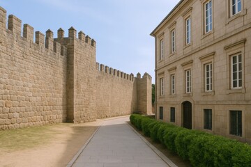 Obraz premium Historic Stone Fortress Wall and Building Exterior in Tranquil Setting Under a Clear Blue Sky