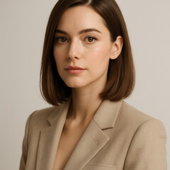 Professional woman portrait in beige blazer on neutral background
