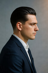 Side profile portrait of professional man in dark suit and slick hairstyle
