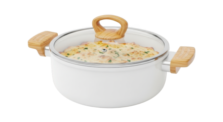 White pot with food isolated on transparent background, cooking concept