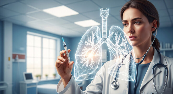 Female doctor holding a syringe, with a digital overlay of lungs in a clinical setting, suggesting medical research or treatment.