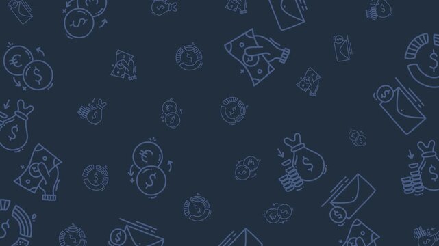 Animated Finance Pattern with Dollar, Euro, Money Bag, Chart, and Envelope Icons on Dark Blue Background for Business Design, Financial Motion Graphics, and Banking Concept Animation
