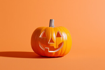 A pumpkin with a carved face on a orange background in the Halloween style. 