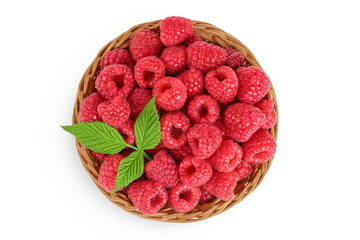 Ripe raspberries in wicker basket isolated on a white background. Top view. Flat lay
