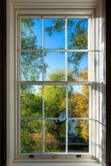 Fototapeta premium View Through a Classic White Window Frame Featuring Autumnal Trees and a Bright Blue Sky