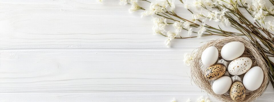 White Easter Eggs in a Nest with Flowers