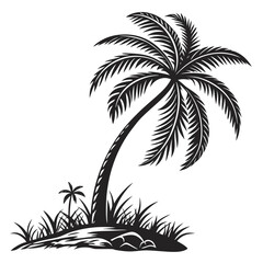 Fototapeta premium A detailed black and white vector illustration of a palm tree on an island with grass and rocks, , perfect for tropical or naturerelated projects